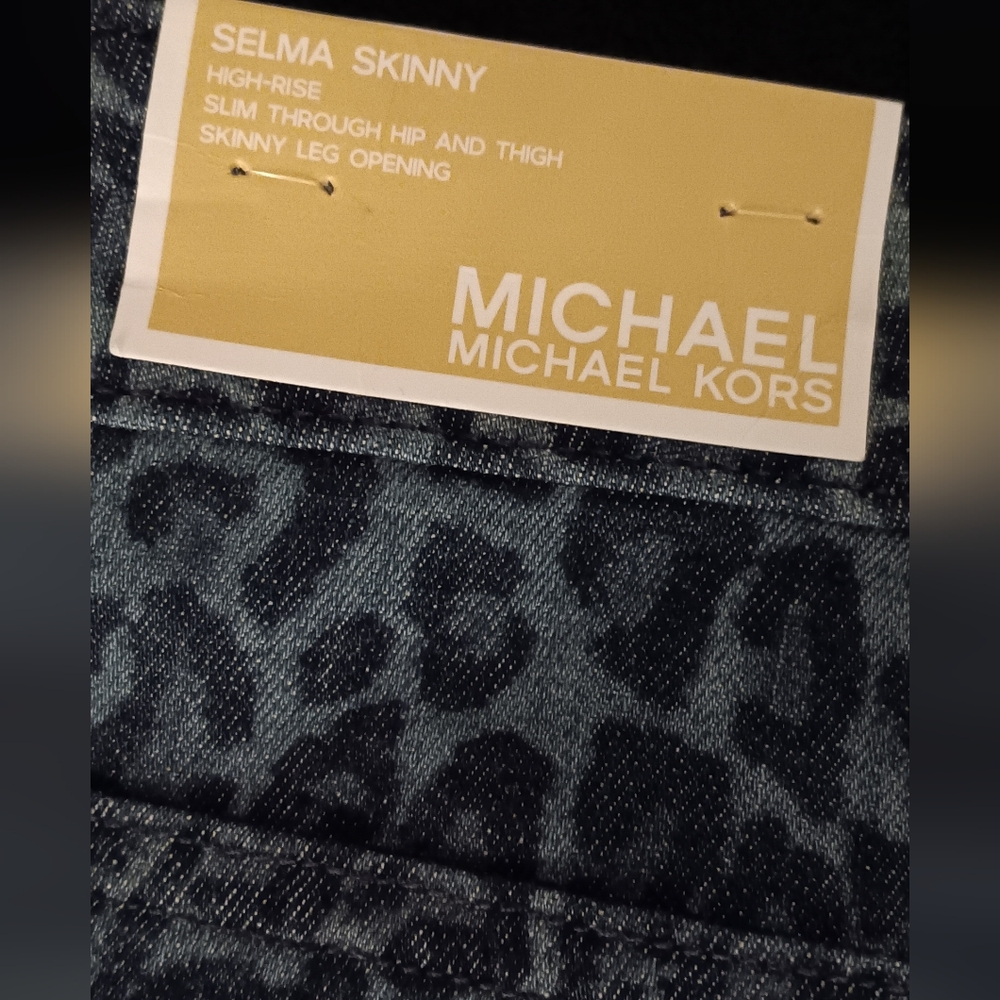 Michael Kors Selma High Rise Straight Skinny Leopard Print Blue Jeans NWT - Picture 8 of 9